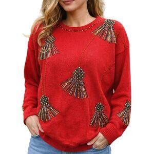 Vintage 80s Womens Medium Victoria Harbour Red Beaded Sweater Shoulder Pads